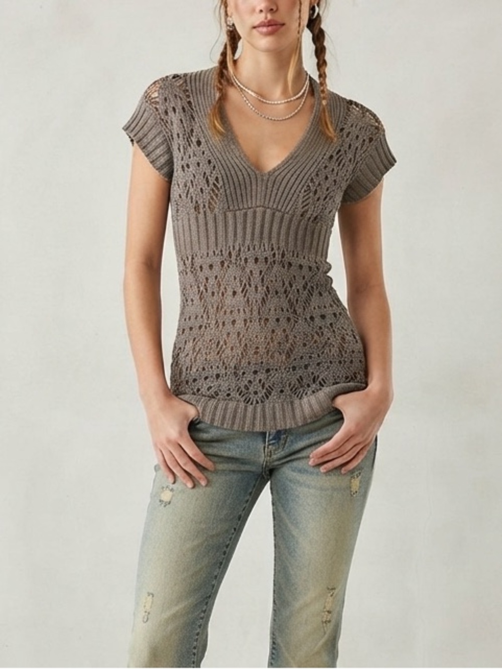 Y2K Knit Cap Short Sleeve Fitted Grey V-neck Sweater Size XS